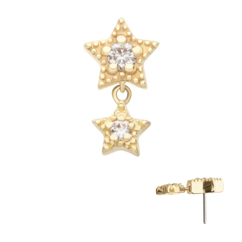 The 14K Double Star Dangle gold earring showcases two dangling star shapes with central clear gemstones and decorative beading, complete with a visible post and butterfly back.
