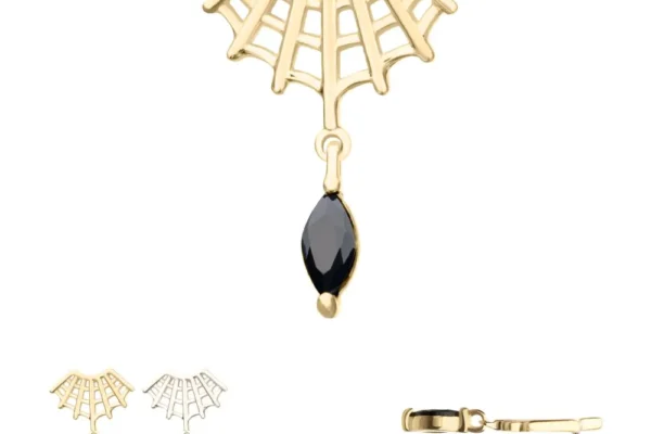 The 14K Spiderweb & Marquise Dangle earrings feature a web-like fan design and a dangling black marquise stone. Images display close-up, pair, and side views of these stunning stud earrings.