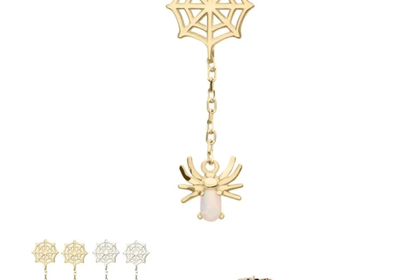 The 14K Spiderweb & Opal Spider Dangle earring features a web top, dangling chain, and opal spider. Images show gold or silver options, different colored stone bodies for the spider, and a side view.