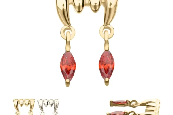 The 14K Dripping Fangs & Marquise Dangle earrings feature two red marquise gemstones. Images show gold and silver options and a close-up side view.