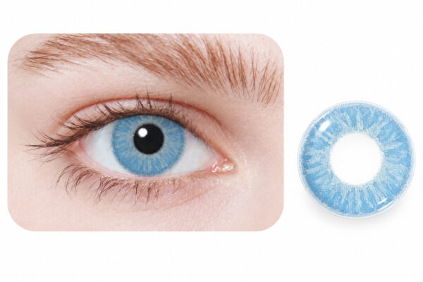 A close-up of a blue eye on the left, next to an EYECON Blue I contact lens on the right, both displayed against a white background.