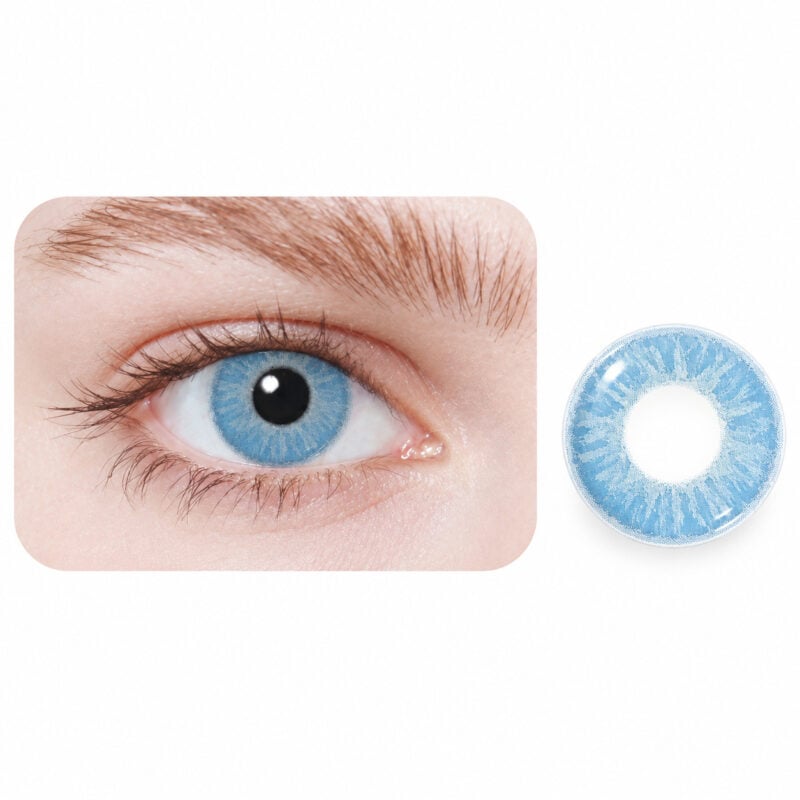 A close-up of a blue eye on the left, next to an EYECON Blue I contact lens on the right, both displayed against a white background.