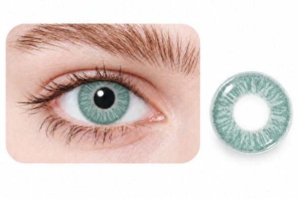 A close-up of a greenish-blue eye wearing an EYECON Green I lens, with a separate image of the same EYECON Green I lens displayed on a white background.