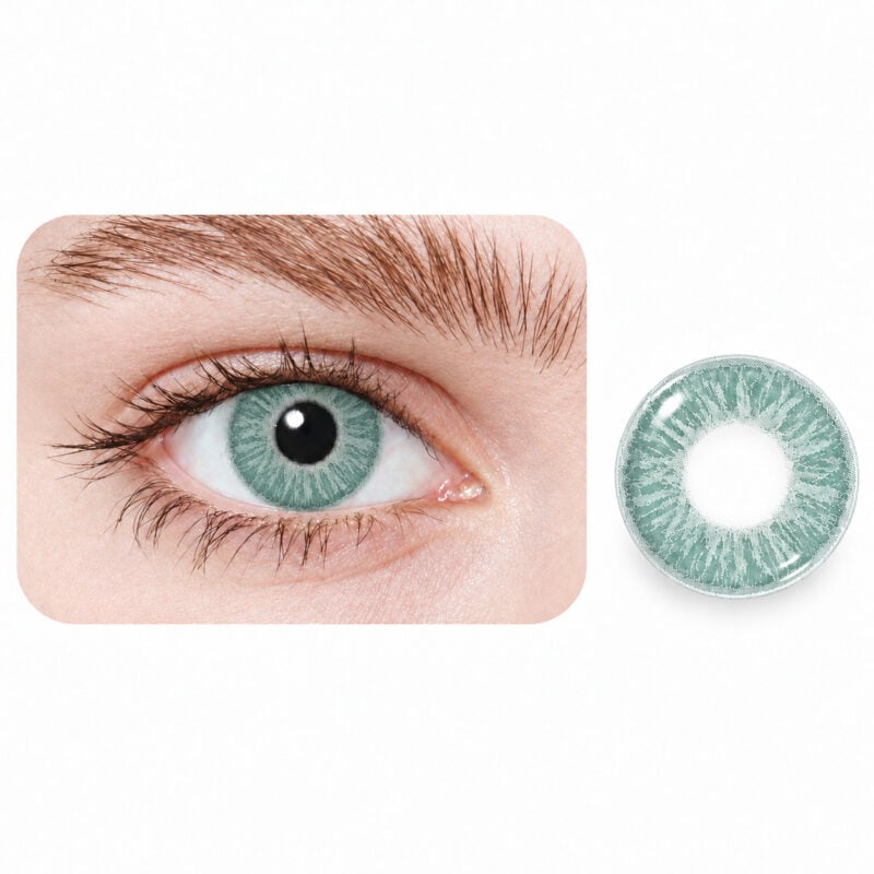 A close-up of a greenish-blue eye wearing an EYECON Green I lens, with a separate image of the same EYECON Green I lens displayed on a white background.