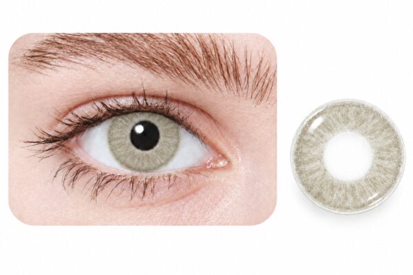 A close-up of a light brown eye wearing EYECON Hazel I, shown next to its gray colored contact lens on a white background.