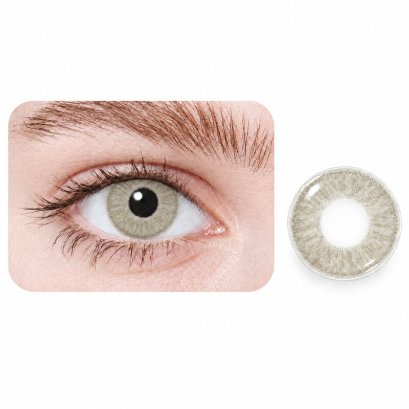 A close-up of a light brown eye wearing EYECON Hazel I, shown next to its gray colored contact lens on a white background.