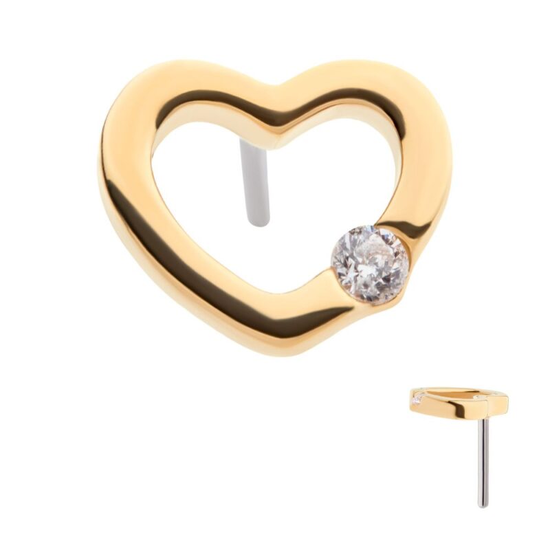 The 14K Cut Out Heart stud earring features an open center and a small round clear gemstone at the bottom right, displayed from the front and side angles.