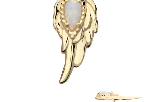 The 14K Angel Wings gold earring features a teardrop-shaped opal and detailed feather design, shaped like an angel wing. A side view reveals the post.