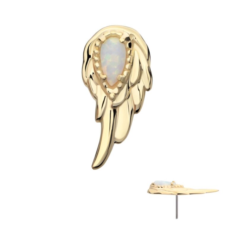 The 14K Angel Wings gold earring features a teardrop-shaped opal and detailed feather design, shaped like an angel wing. A side view reveals the post.