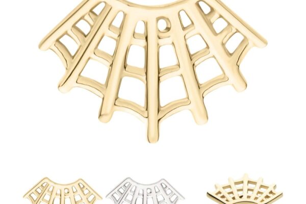 The 14K Spiderweb Fan earrings feature a geometric, openwork fan shape in gold and silver. The main image shows the gold version, complemented by smaller images of the silver variant and a side view of the gold earring.
