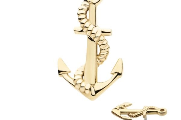The 14K Anchor earring showcases a gold anchor with a rope detail, displayed both upright and flat to highlight its front and side views.