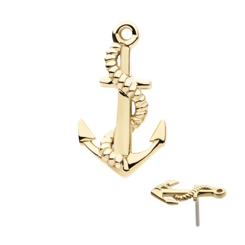 The 14K Anchor earring showcases a gold anchor with a rope detail, displayed both upright and flat to highlight its front and side views.