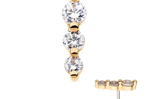 The 14K Drop Cluster gold stud earring features three vertically-set round clear gemstones, with a side view showing the post and stone settings.