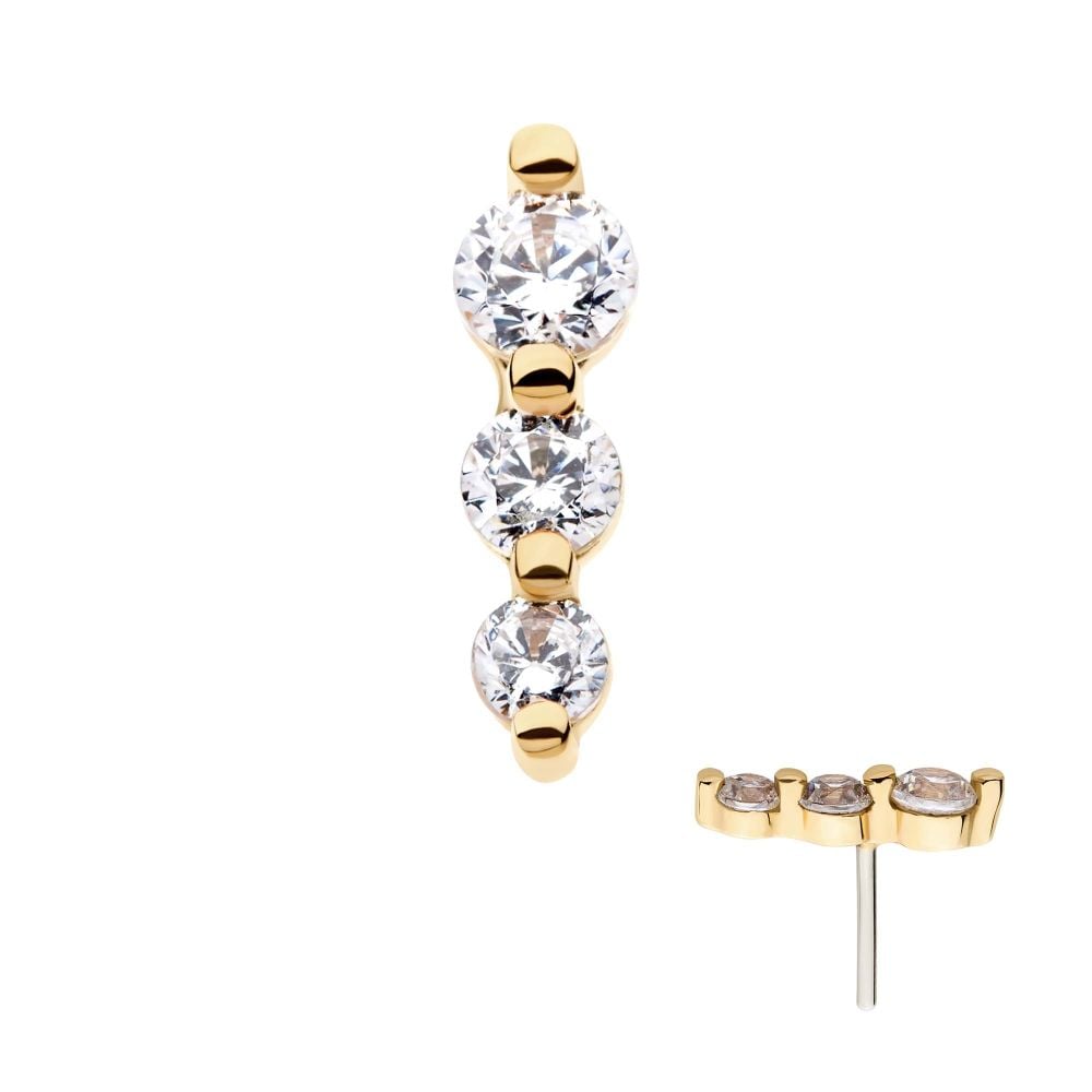 The 14K Drop Cluster gold stud earring features three vertically-set round clear gemstones, with a side view showing the post and stone settings.