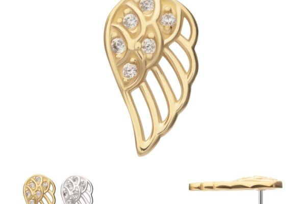 The 14K Angel Wings stud earrings are shown in both gold and silver, each featuring multiple round crystals. The gold earring is displayed from the front, side, and beside the silver, showcasing its detailed design and post.