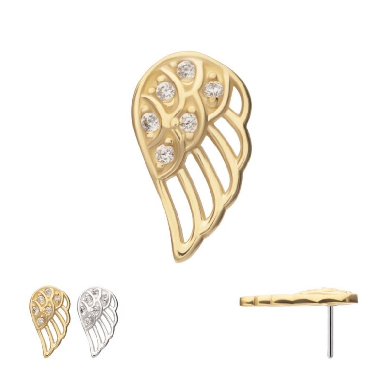The 14K Angel Wings stud earrings are shown in both gold and silver, each featuring multiple round crystals. The gold earring is displayed from the front, side, and beside the silver, showcasing its detailed design and post.