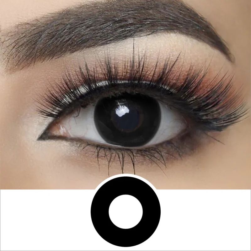 A close-up of a person’s eye with dramatic makeup and thick lashes wearing Magister - Black Out contacts, shown above a bold black circle centered on a white background.