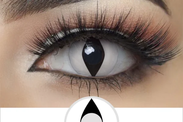 A close-up of an eye with dramatic makeup and long lashes, wearing Magister - White Cat contacts that create a vertical black slit in the iris for a striking cat-like look. A diagram of the lens design appears below the eye.