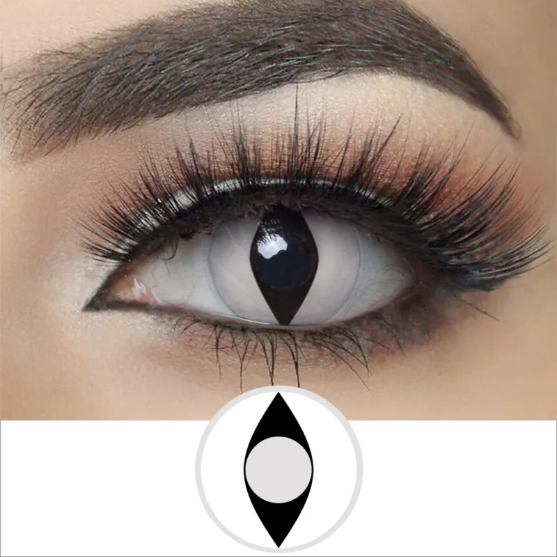 A close-up of an eye with dramatic makeup and long lashes, wearing Magister - White Cat contacts that create a vertical black slit in the iris for a striking cat-like look. A diagram of the lens design appears below the eye.