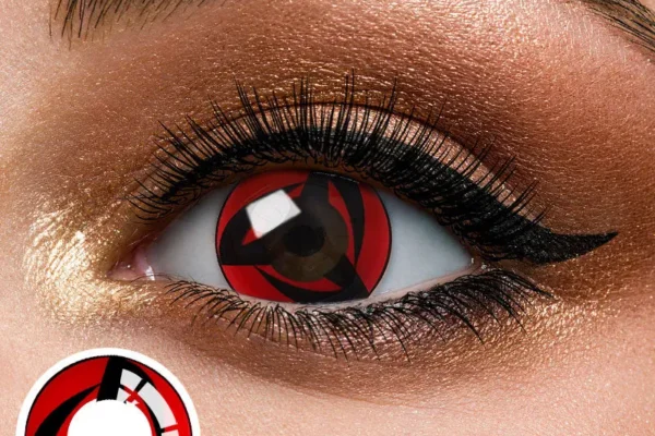 Close-up of an eye with gold and bronze eyeshadow and black eyeliner, wearing Magister - Kakashi contacts inspired by anime. An inset shows the unique red and black pattern of the lens.