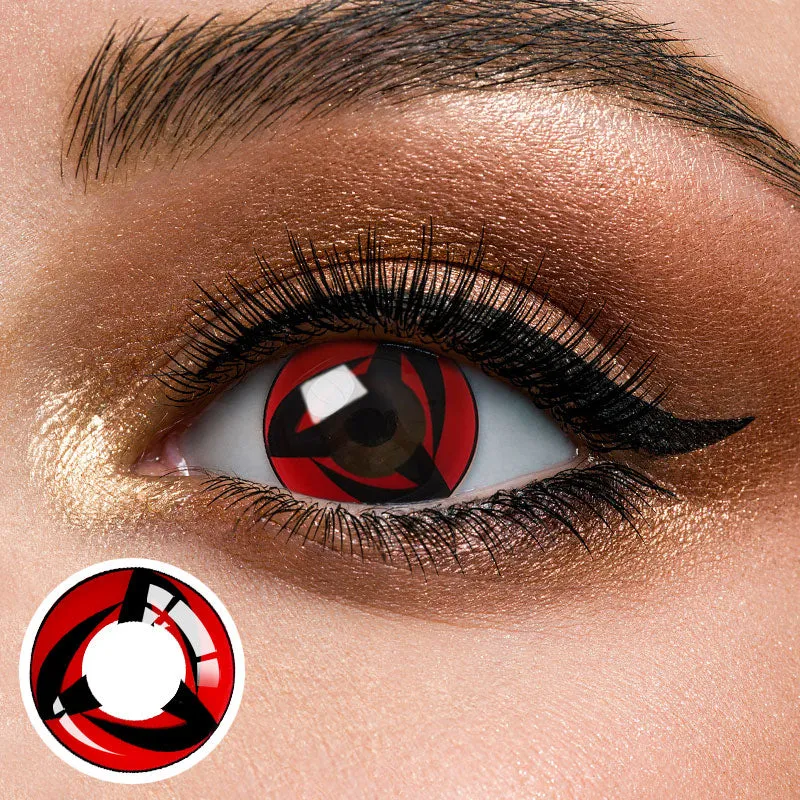Close-up of an eye with gold and bronze eyeshadow and black eyeliner, wearing Magister - Kakashi contacts inspired by anime. An inset shows the unique red and black pattern of the lens.