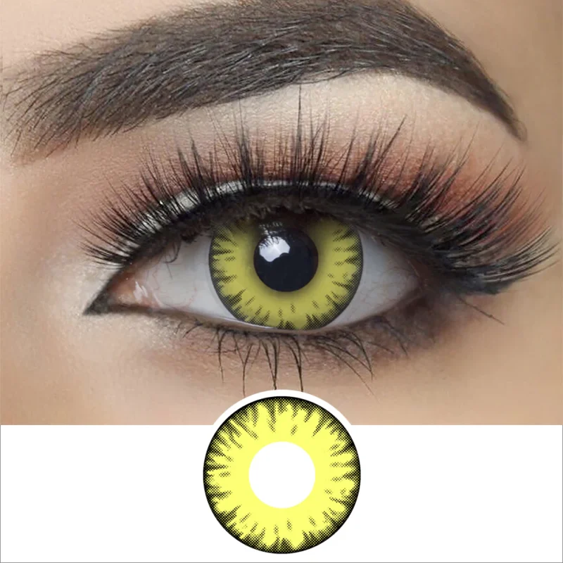 Close-up of an eye with dramatic makeup, long lashes, and a Magister - New Moon Twilight contact lens in yellow with a bold black rim and radiating streaks for a vivid, striking look.