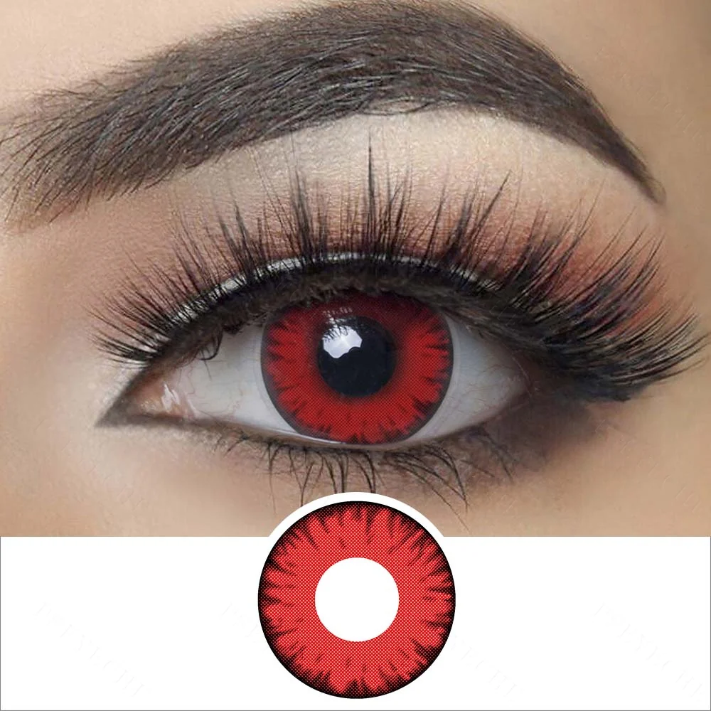 A close-up of an eye with bold makeup and long lashes showcases Magister - Red Twilight Volturi contacts with a black outer ring. Below, the striking Magister - Red Twilight Volturi lens design is shown separately on a white background.