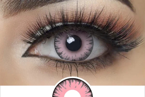 A close-up of an eye wearing the Magister - Light Pink Vampire lens with black accents, dramatic makeup, thick eyeliner, and long false lashes. The lens design is also displayed below the eye.