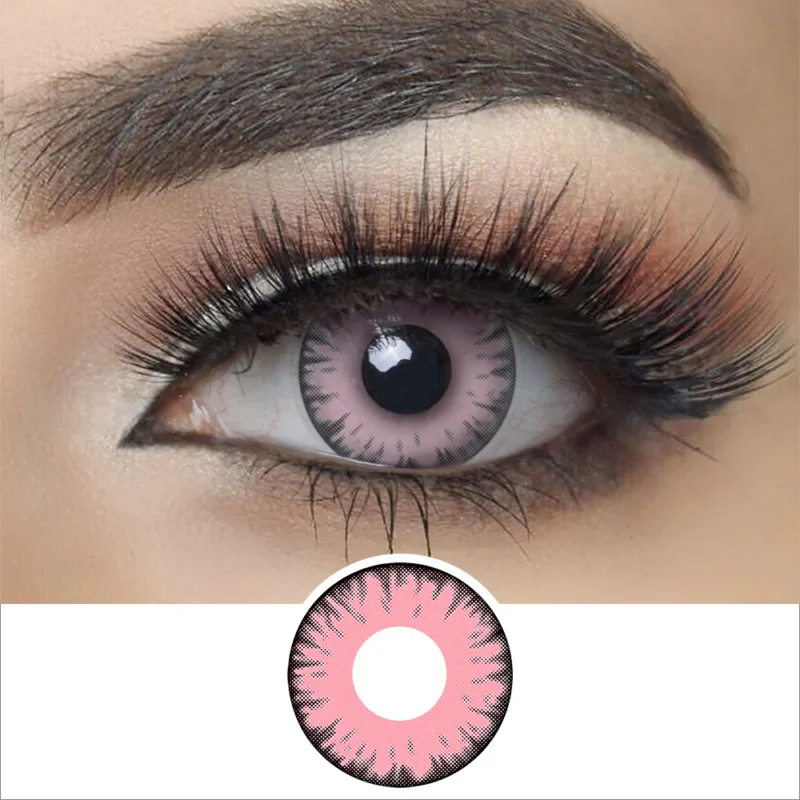 A close-up of an eye wearing the Magister - Light Pink Vampire lens with black accents, dramatic makeup, thick eyeliner, and long false lashes. The lens design is also displayed below the eye.