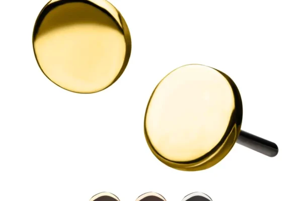 Three pairs of 14K Flat Disk stud earrings are displayed in gold, rose gold, and silver finishes, each with a smooth reflective surface and minimalist round design.