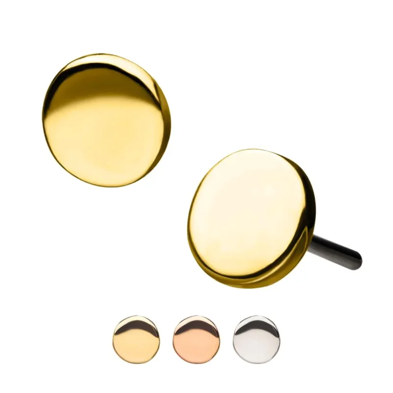 Three pairs of 14K Flat Disk stud earrings are displayed in gold, rose gold, and silver finishes, each with a smooth reflective surface and minimalist round design.