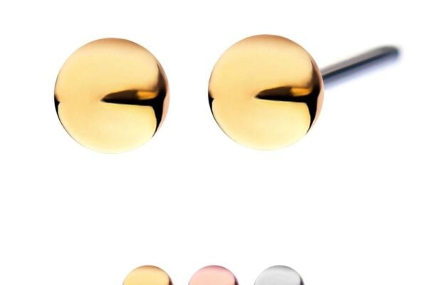 14K Ball stud earrings in gold, rose gold, and silver are shown on a white background. The main focus is the 14K Ball, with smaller images underneath displaying all three color variations.