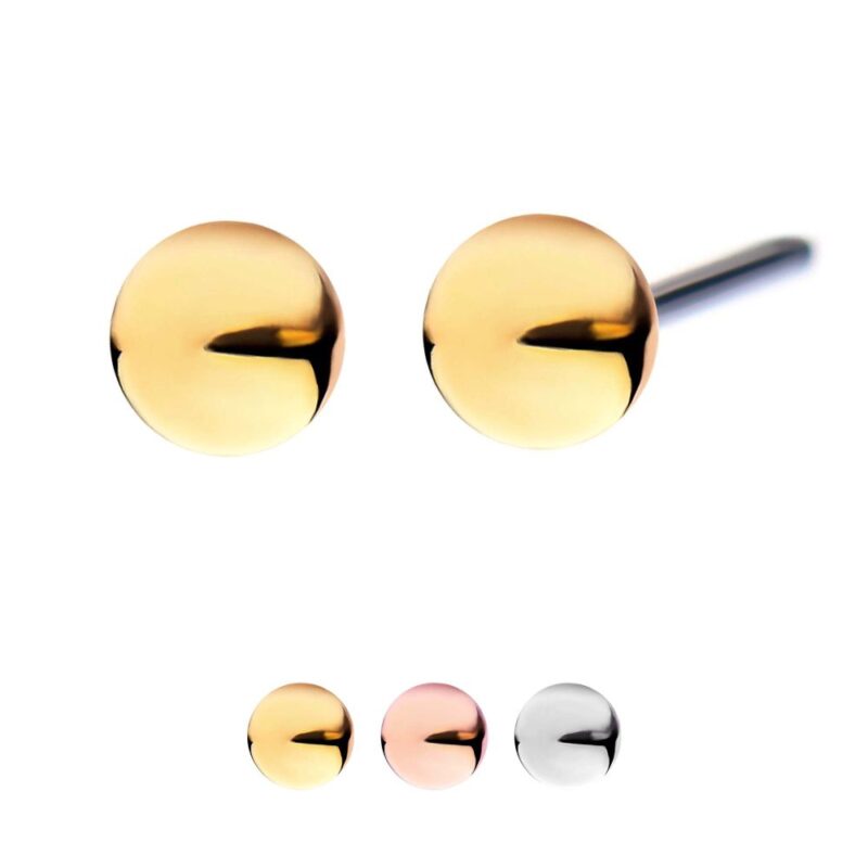 14K Ball stud earrings in gold, rose gold, and silver are shown on a white background. The main focus is the 14K Ball, with smaller images underneath displaying all three color variations.