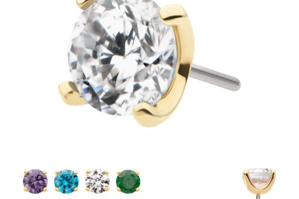 The 14K Round Prong stud earrings feature round prong-top settings, with main image in clear and other options shown in purple, blue, green, black, pink, and multicolored gemstones.