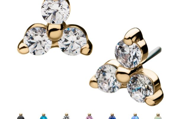 The 14K Prong Trinity stud earrings feature three round gemstones on each earring and are available in eight color variations with different gemstone colors and finishes.