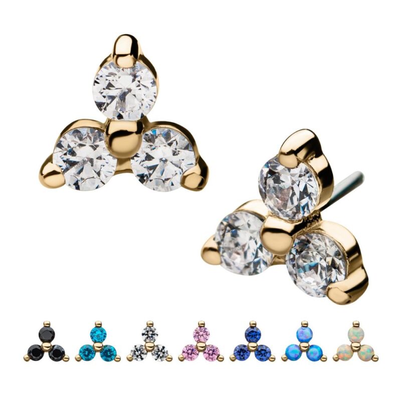 The 14K Prong Trinity stud earrings feature three round gemstones on each earring and are available in eight color variations with different gemstone colors and finishes.