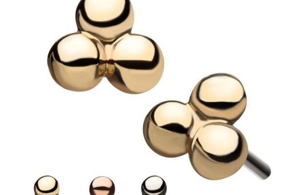 Five metallic stud earrings, called the 14K Small Tri-Bead, each feature three connected spheres and are shown in gold, rose gold, silver, and black finishes. Two larger images highlight the gold version.