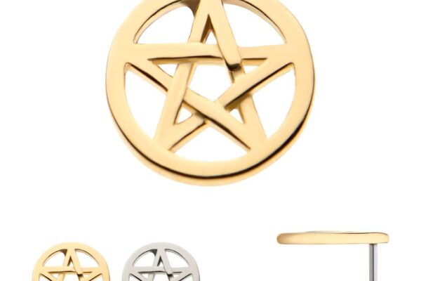 The 14K Pentagram stud earring is displayed from three angles: front views in gold and silver, plus a side view showing its flat profile and post.