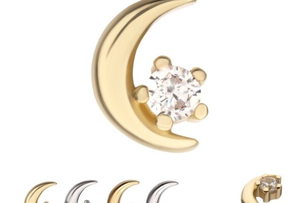 The 14K Crescent Moon with Gem earring features a clear gemstone at its center. Other designs are shown in gold and silver with various gems and opal accents. Side view of the 14K Crescent Moon with Gem is also displayed.