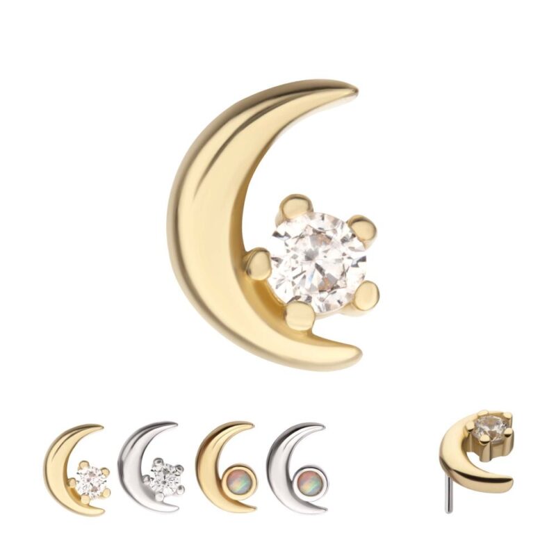 The 14K Crescent Moon with Gem earring features a clear gemstone at its center. Other designs are shown in gold and silver with various gems and opal accents. Side view of the 14K Crescent Moon with Gem is also displayed.
