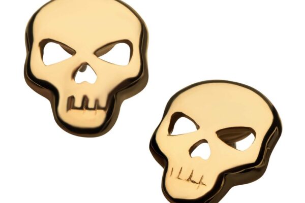 Two 14k Skull Head pieces with cut-out eyes and nose, featuring simple, stylized facial details. Both are on a white background and positioned at slightly different angles.