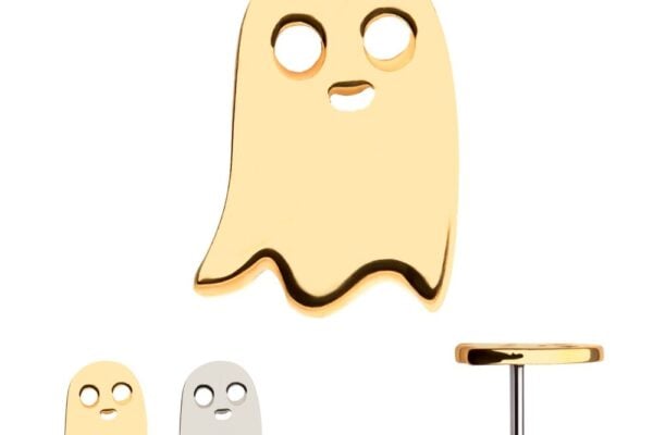 The 14K Ghost includes gold and silver ghost-shaped stud earrings with cutout eyes and mouth; one earring shows the ghost from the front, while the other displays its side and post.