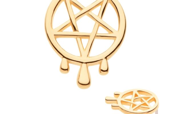 The 14K Pentagram Dripping pin features a gold circular pentagram design with three teardrop accents hanging below, shown from the front and angled to emphasize its thickness and rich shine.
