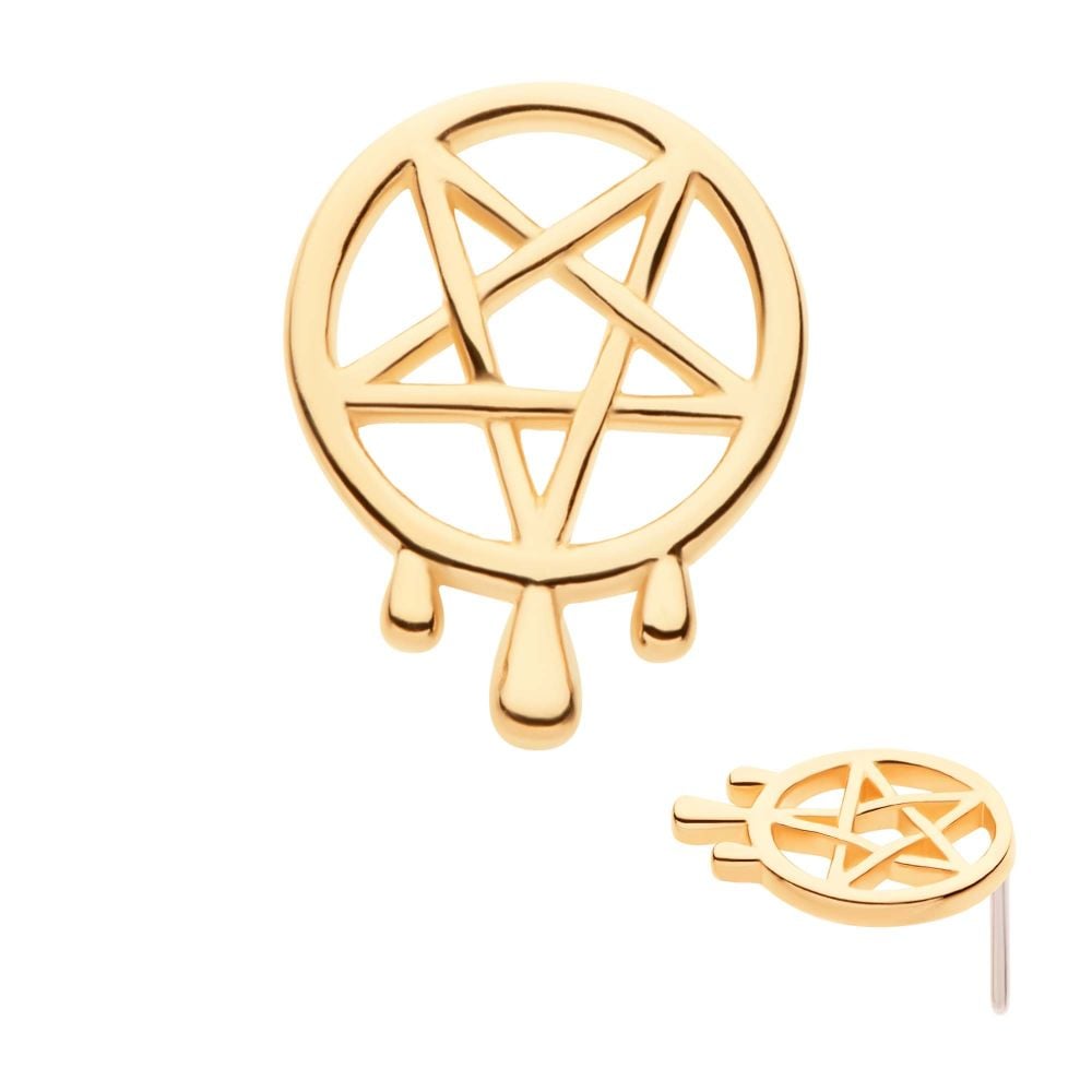 The 14K Pentagram Dripping pin features a gold circular pentagram design with three teardrop accents hanging below, shown from the front and angled to emphasize its thickness and rich shine.