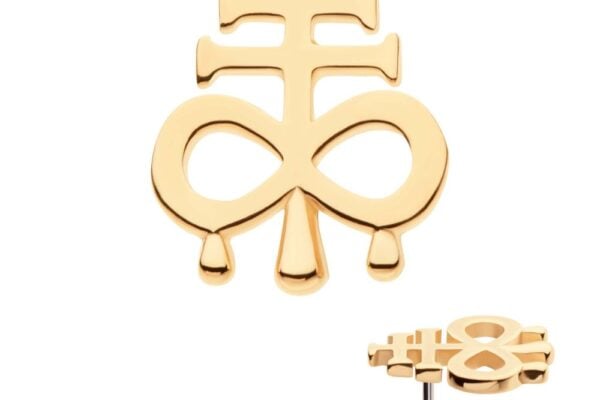 The 14K Leviathan Cross Dripping earring features double horizontal bars above an infinity symbol with two teardrop accents. A side view highlights the unique design of this gold stud earring in the corner.