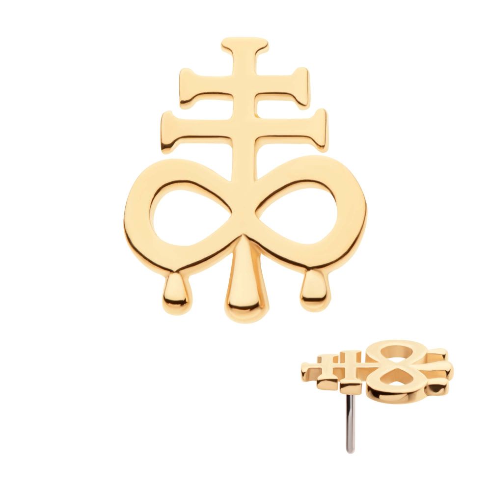 The 14K Leviathan Cross Dripping earring features double horizontal bars above an infinity symbol with two teardrop accents. A side view highlights the unique design of this gold stud earring in the corner.