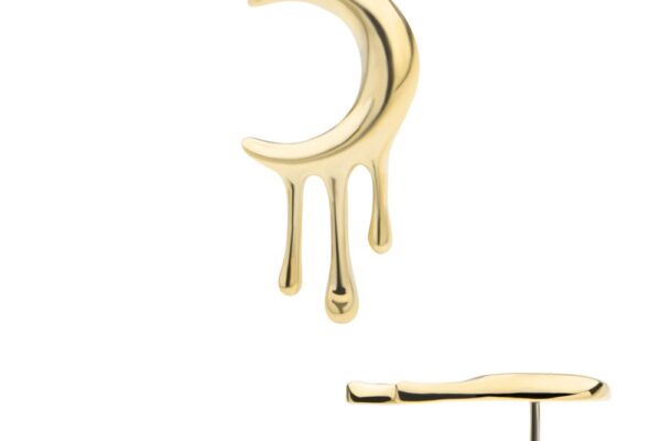 The 14K Crescent Moon Dripping earring displays a crescent shape with three drip-like extensions, shown from the front and side against a white background.