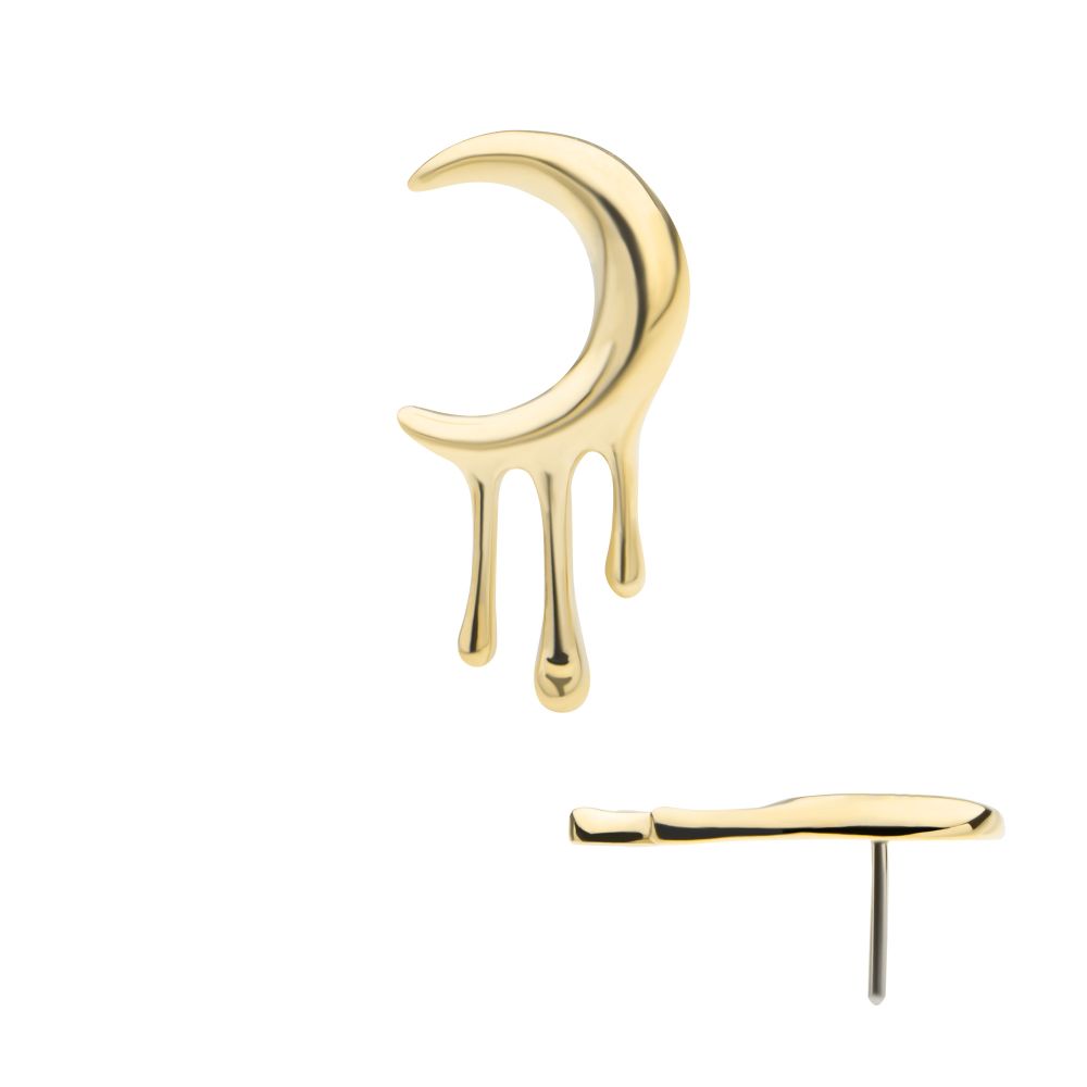 The 14K Crescent Moon Dripping earring displays a crescent shape with three drip-like extensions, shown from the front and side against a white background.