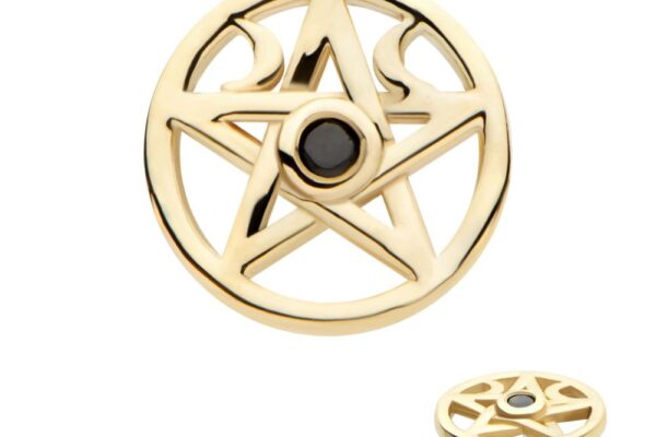 The 14K Crescent Moon Pentacle - Gem is a gold circular pin with a five-pointed star, black gemstone center, swirling cutout details, and a metallic post back, inspired by Crescent Moon Pentacle Top styles.