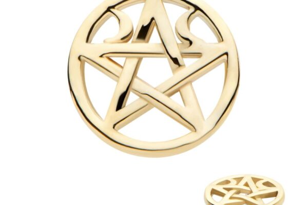 A gold-colored round pin inspired by the 14K Crescent Moon Pentacle - No Gem, featuring an openwork pentagram with curved decorative accents and a visible pin backing.